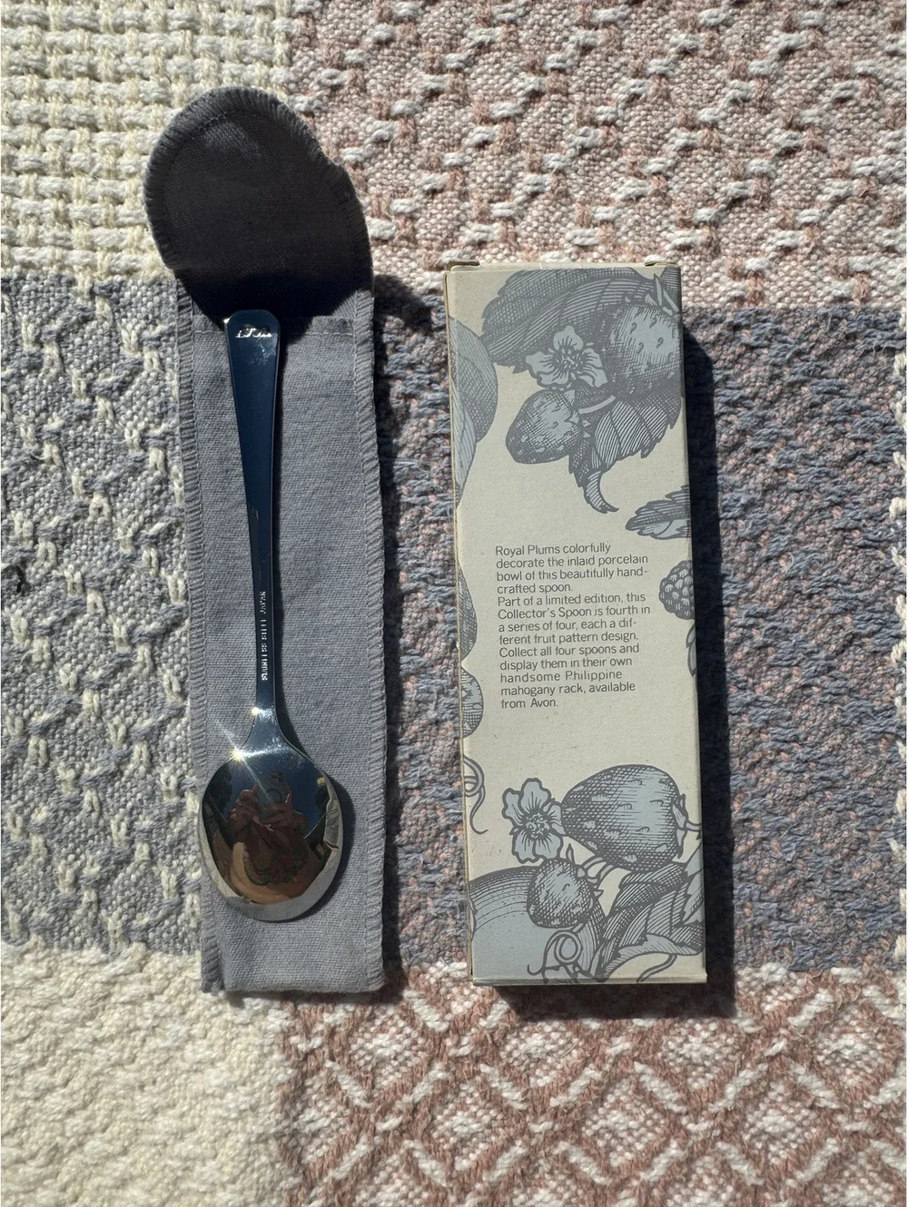 Avon Royal Plums Collectible Stainless Steel Spoon with Decorative Porcelain In-